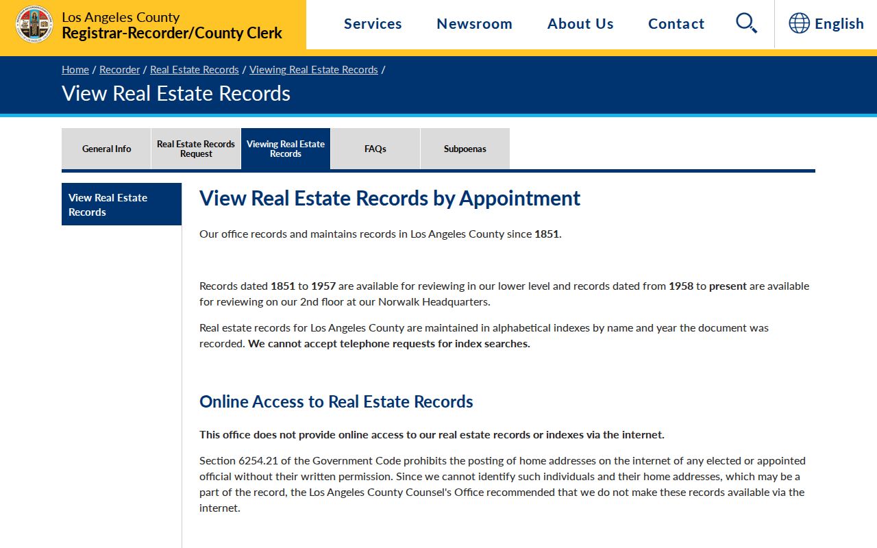 Rancho Palos Verdes people search through the LA County recorder review page