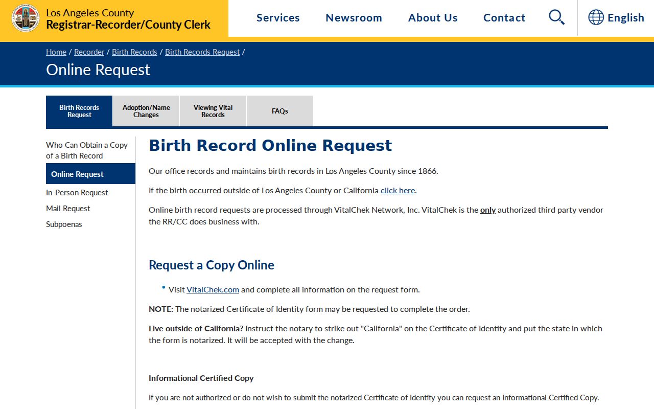 Rancho Palos Verdes vital records request page for LA County birth certificates