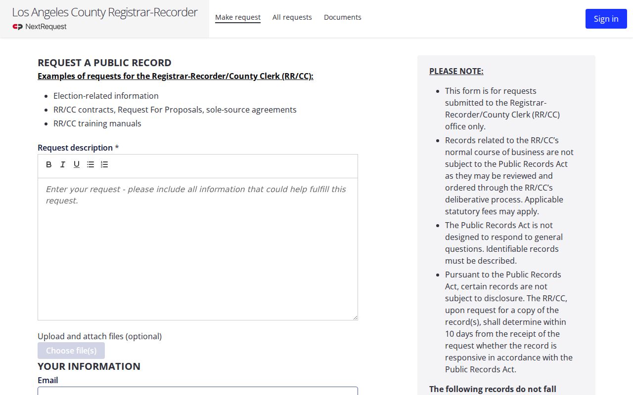 Rancho Palos Verdes records request form for the LA County RR/CC