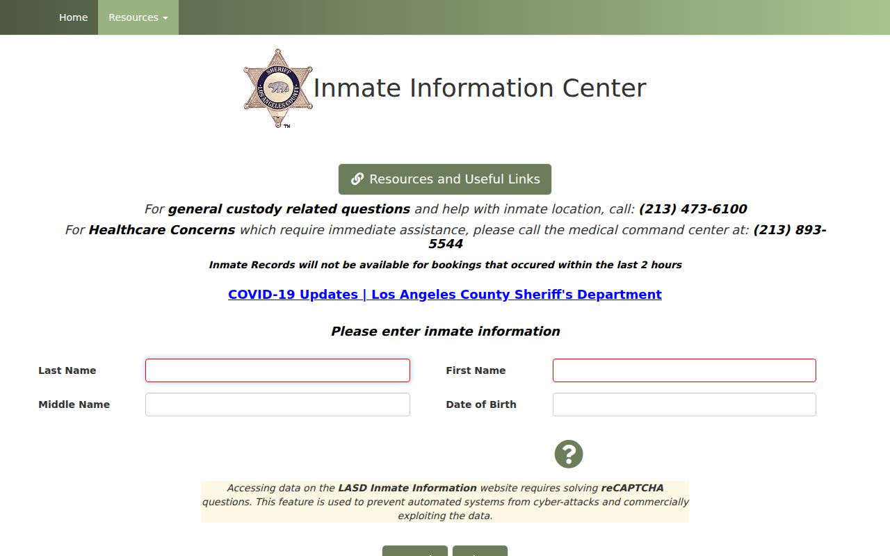 Rancho Palos Verdes custody records lookup on the LASD inmate locator